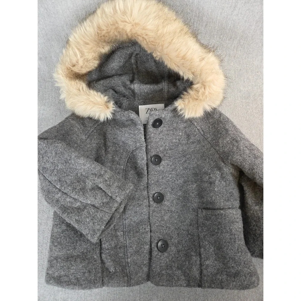Zara Kids Girls 18 Months Wool Duffle Pea Coat Gray Faux Fur‎ Hood Trim Classic